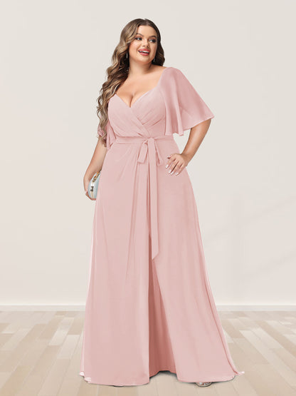 Ligne A/Princesse Col en V Demi-manchess Grande Taille Côté Divisé Robes de Demoiselle d'Honneur