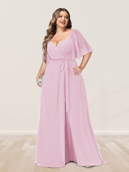 Ligne A/Princesse Col en V Demi-manchess Grande Taille Côté Divisé Robes de Demoiselle d'Honneur