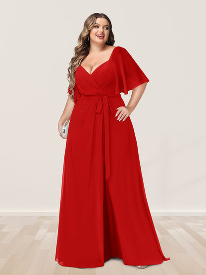 Ligne A/Princesse Col en V Demi-manchess Grande Taille Côté Divisé Robes de Demoiselle d'Honneur