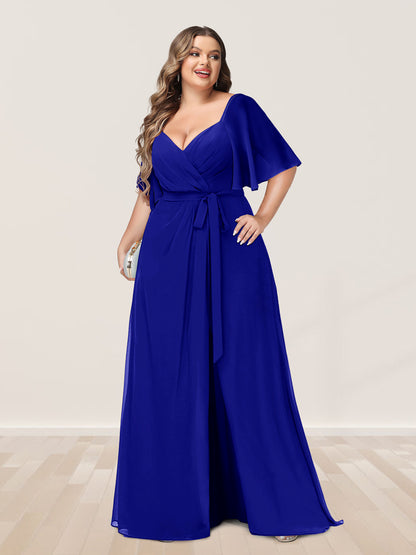Ligne A/Princesse Col en V Demi-manchess Grande Taille Côté Divisé Robes de Demoiselle d'Honneur