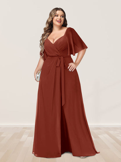 Ligne A/Princesse Col en V Demi-manchess Grande Taille Côté Divisé Robes de Demoiselle d'Honneur