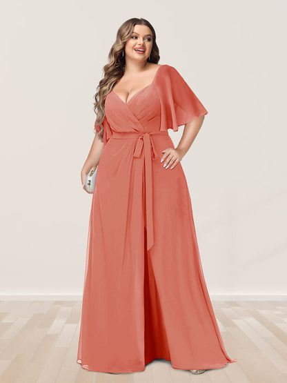 Ligne A/Princesse Col en V Demi-manchess Grande Taille Côté Divisé Robes de Demoiselle d'Honneur