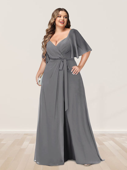 Ligne A/Princesse Col en V Demi-manchess Grande Taille Côté Divisé Robes de Demoiselle d'Honneur