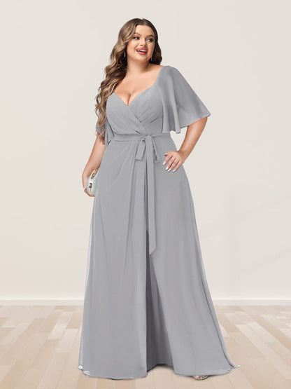 Ligne A/Princesse Col en V Demi-manchess Grande Taille Côté Divisé Robes de Demoiselle d'Honneur