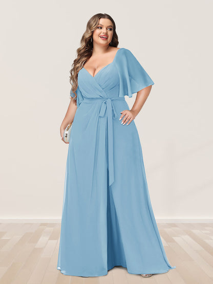 Ligne A/Princesse Col en V Demi-manchess Grande Taille Côté Divisé Robes de Demoiselle d'Honneur