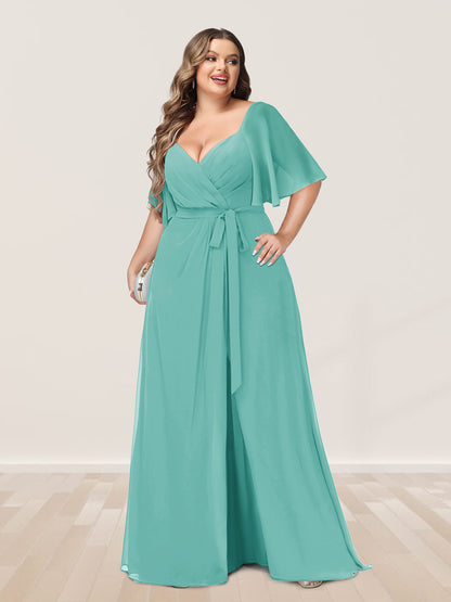 Ligne A/Princesse Col en V Demi-manchess Grande Taille Côté Divisé Robes de Demoiselle d'Honneur