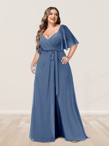 Ligne A/Princesse Col en V Demi-manchess Grande Taille Côté Divisé Robes de Demoiselle d'Honneur