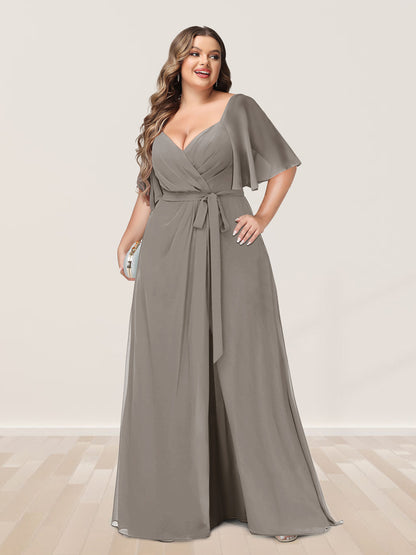 Ligne A/Princesse Col en V Demi-manchess Grande Taille Côté Divisé Robes de Demoiselle d'Honneur