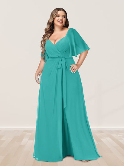 Ligne A/Princesse Col en V Demi-manchess Grande Taille Côté Divisé Robes de Demoiselle d'Honneur