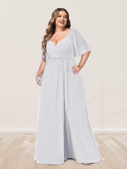 Ligne A/Princesse Col en V Demi-manchess Grande Taille Côté Divisé Robes de Demoiselle d'Honneur