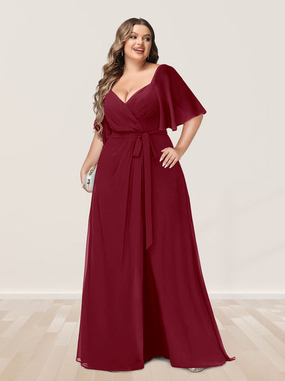 Ligne A/Princesse Col en V Demi-manchess Grande Taille Côté Divisé Robes de Demoiselle d'Honneur