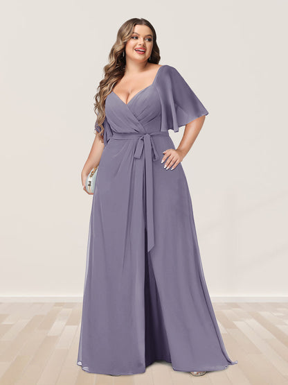 Ligne A/Princesse Col en V Demi-manchess Grande Taille Côté Divisé Robes de Demoiselle d'Honneur