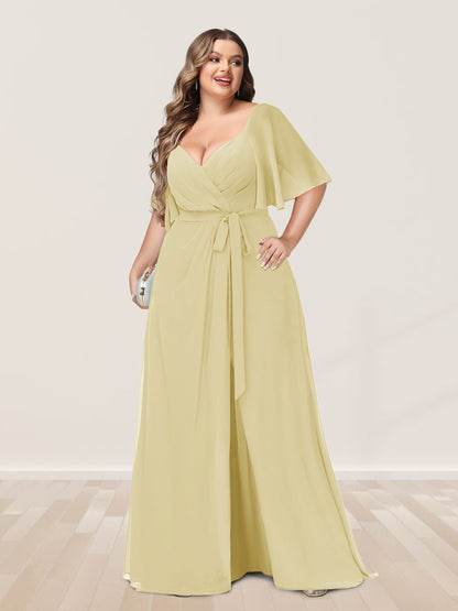 Ligne A/Princesse Col en V Demi-manchess Grande Taille Côté Divisé Robes de Demoiselle d'Honneur
