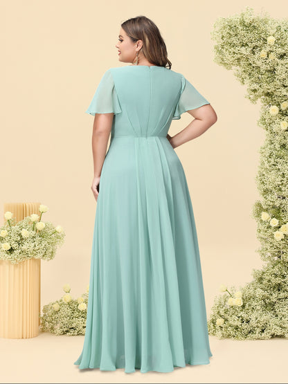 Robe de Demoiselle d'Honneur Grande Taille En Mousseline de Soie Sans Manches à Col En V et Coupe Princesse avec Poches