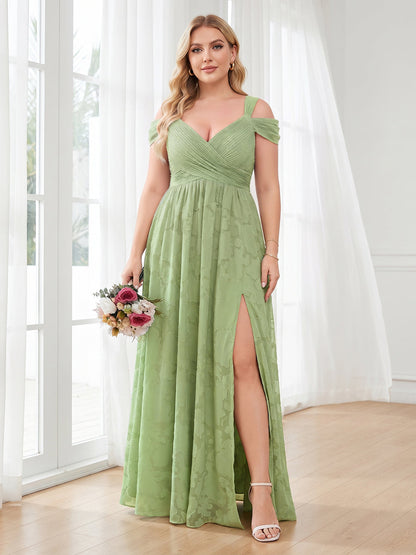 Robe de Demoiselle d'Honneur Grande Taille Ligne A/Princesse, Col en V, Longueur Sol, Fendue sur le Côté & Froncée