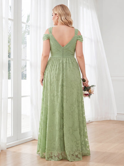 Robe de Demoiselle d'Honneur Grande Taille Ligne A/Princesse, Col en V, Longueur Sol, Fendue sur le Côté & Froncée