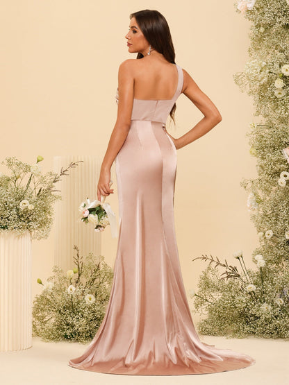 Robe Longue de Soirée Asymétrique à Une Épaule, Fourreau/Colonne avec Fente Latérale et Fronces