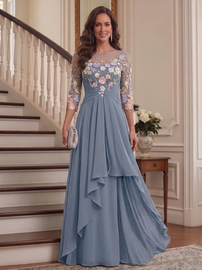 Robe Mère de la Mariée Ligne A/Princesse à Motifs Floraux, Col Dégagé & Manches 3/4, Appliques & Volants