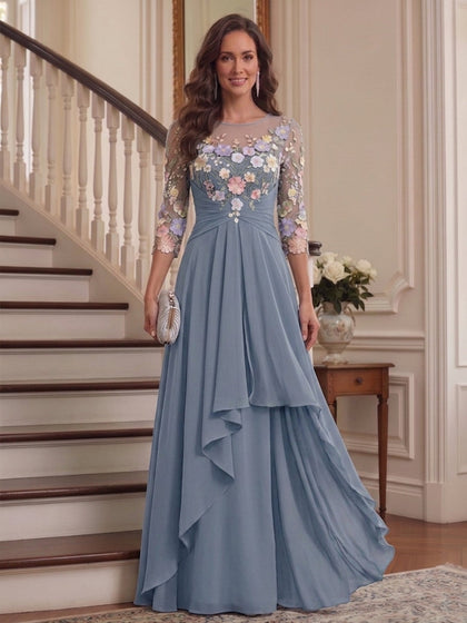 Ligne A/Princesse Scoop 3/4 Manches Florale Robes Mère de la Mariée avec Appliques & Froufrous