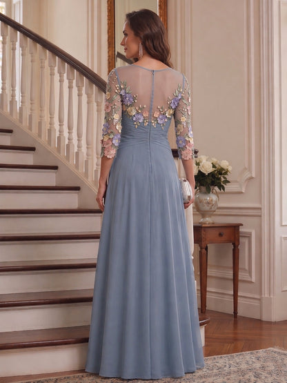 Robe Mère de la Mariée Ligne A/Princesse à Motifs Floraux, Col Dégagé & Manches 3/4, Appliques & Volants