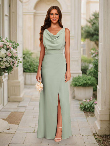 Robe de Demoiselled'Honneur Sirène/Trompette, Col Bénitier, Sans Manches, Longueur au Sol, Froncée avec Fente Latérale