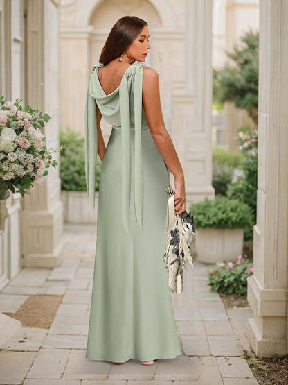 Robe de Demoiselled'Honneur Sirène/Trompette, Col Bénitier, Sans Manches, Longueur au Sol, Froncée avec Fente Latérale