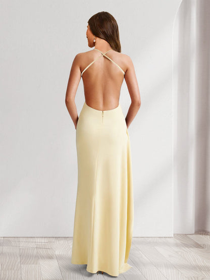 Robe de Demoiselled'Honneur Fourreau/Colonne à Bretelles Spaghetti Plissées à Volants avec Fente Latérale