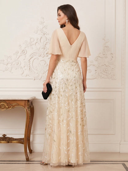 Robe de la mère de la mariée trapèze, col en V, demi-manches, fente latérale, appliqués et fronces