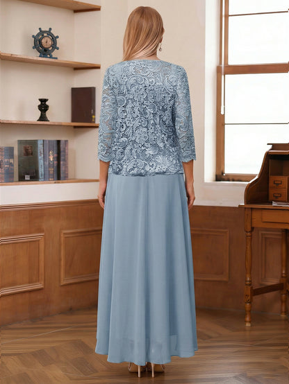 Robe de la mère de la mariée trapèze asymétrique, col carré, manches 3/4, appliqués avec veste