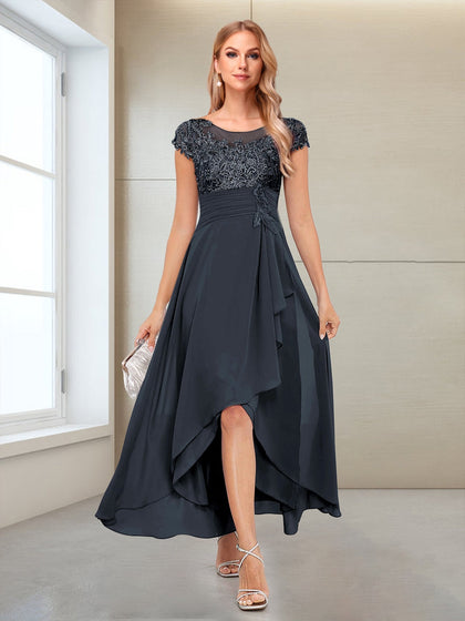 Robe de Mère de la Mariée en Mousseline, Coupe Trapèze/Princesse, Manches Courtes avec Appliques et Volants
