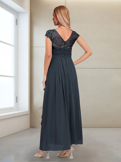 Robe de Mère de la Mariée en Mousseline, Coupe Trapèze/Princesse, Manches Courtes avec Appliques et Volants