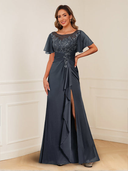 Robe de Mère de la Mariée Coupe A-Line/Princesse, Décolleté Illusion, Froncée avec Appliques et Fente Latérale