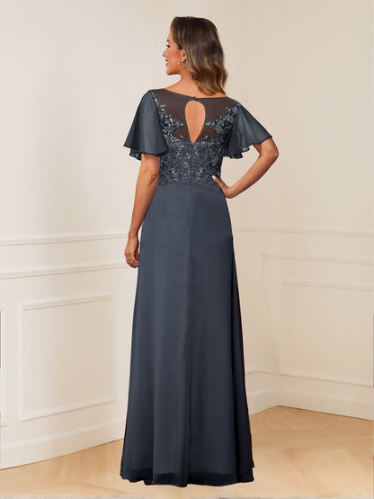 Robe de Mère de la Mariée Coupe A-Line/Princesse, Décolleté Illusion, Froncée avec Appliques et Fente Latérale