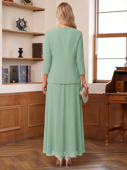Robe de la mère de la mariée trapèze asymétrique, col rond, manches longues, drapée à volants