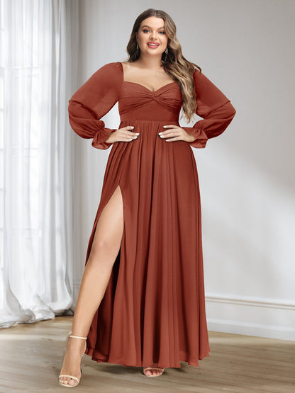Robe de Demoiselled'Honneur Grande Taille, Coupe Trapèze/Princesse, Décolleté en Cœur, Manches Longues, en Mousseline avec Fente Latérale