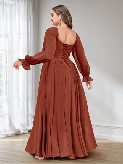 Robe de Demoiselled'Honneur Grande Taille, Coupe Trapèze/Princesse, Décolleté en Cœur, Manches Longues, en Mousseline avec Fente Latérale