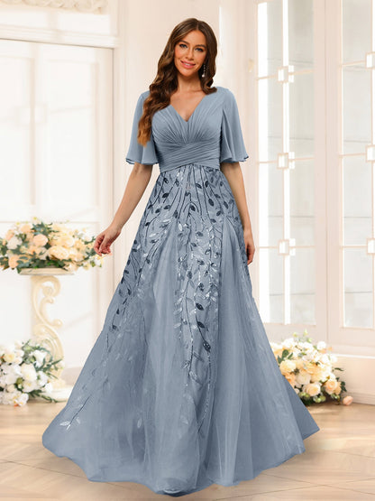 Robe de Demoiselled'Honneur Trapèze en Mousseline, Col en V, Manches Mi-Longues, Fendue Sur le Côté avec Appliques