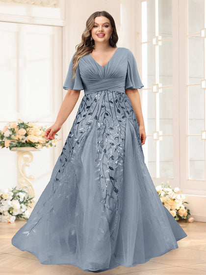 Robes de Demoiselle d'Honneur Grande Taille en Chiffon avec Décolleté en V, Manches Mi-Longues, Fente Latérale et Appliqués Ligne A