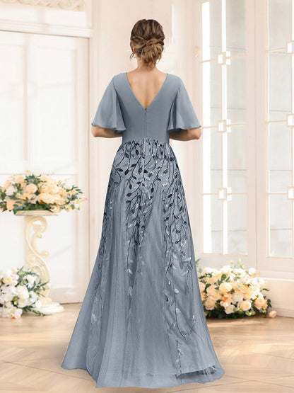 Robe de Demoiselled'Honneur Trapèze en Mousseline, Col en V, Manches Mi-Longues, Fendue Sur le Côté avec Appliques