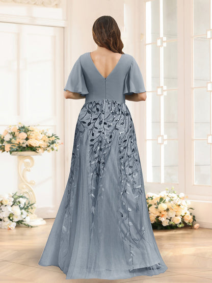 Robes de Demoiselle d'Honneur Grande Taille en Chiffon avec Décolleté en V, Manches Mi-Longues, Fente Latérale et Appliqués Ligne A