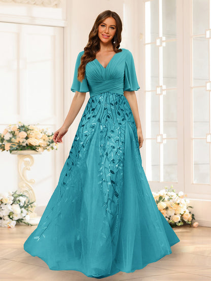 Robe de Demoiselled'Honneur Trapèze en Mousseline, Col en V, Manches Mi-Longues, Fendue Sur le Côté avec Appliques