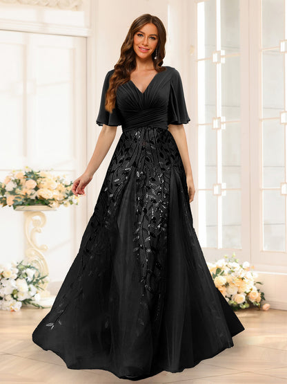 Robe de Demoiselled'Honneur Trapèze en Mousseline, Col en V, Manches Mi-Longues, Fendue Sur le Côté avec Appliques