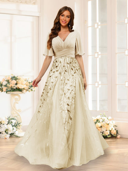 Robe de Demoiselled'Honneur Trapèze en Mousseline, Col en V, Manches Mi-Longues, Fendue Sur le Côté avec Appliques