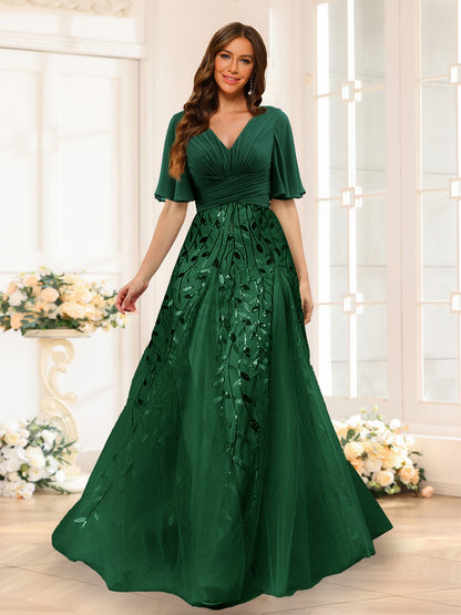 Robe de Demoiselled'Honneur Trapèze en Mousseline, Col en V, Manches Mi-Longues, Fendue Sur le Côté avec Appliques