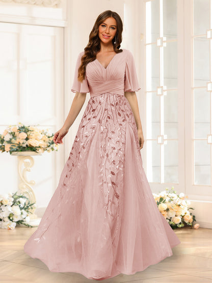 Robe de Demoiselled'Honneur Trapèze en Mousseline, Col en V, Manches Mi-Longues, Fendue Sur le Côté avec Appliques