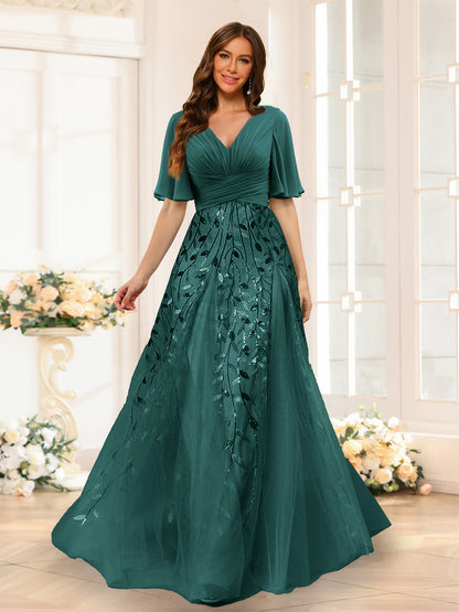 Robe de Demoiselled'Honneur Trapèze en Mousseline, Col en V, Manches Mi-Longues, Fendue Sur le Côté avec Appliques