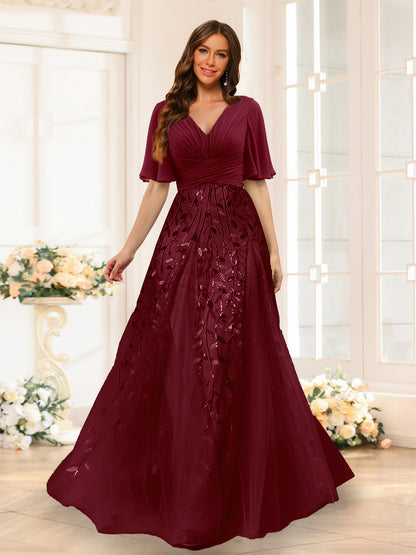 Robe de Demoiselled'Honneur Trapèze en Mousseline, Col en V, Manches Mi-Longues, Fendue Sur le Côté avec Appliques