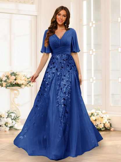 Robe de Demoiselled'Honneur Trapèze en Mousseline, Col en V, Manches Mi-Longues, Fendue Sur le Côté avec Appliques