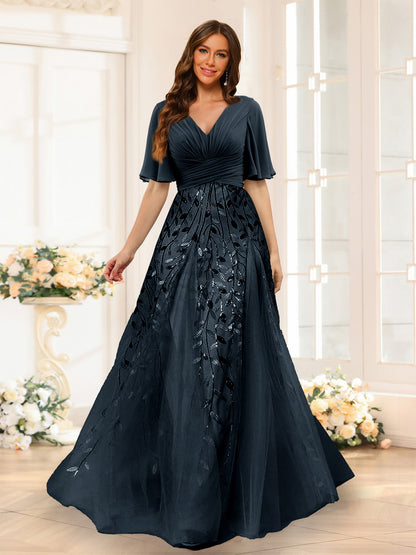 Robe de Demoiselled'Honneur Trapèze en Mousseline, Col en V, Manches Mi-Longues, Fendue Sur le Côté avec Appliques