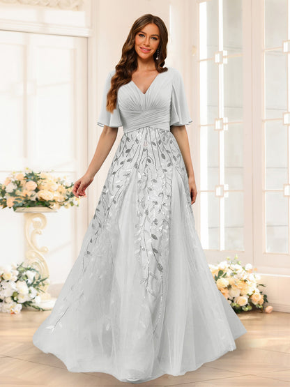 Robe de Demoiselled'Honneur Trapèze en Mousseline, Col en V, Manches Mi-Longues, Fendue Sur le Côté avec Appliques